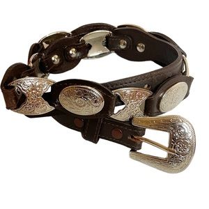 Women's Vintage Boho Brown Silver Metal Western Genuine Leather Belt Medium